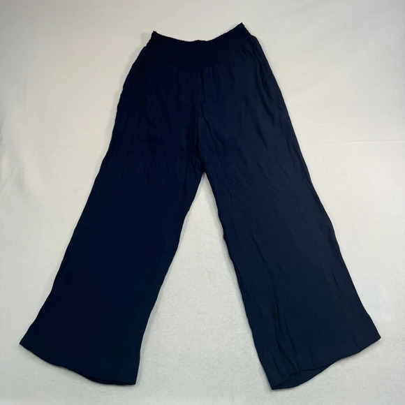 Nanette Lepore Pull On Wide Leg Pants Womens Sz Med Blue High Rise Smocked Waist - Picture 2 of 11